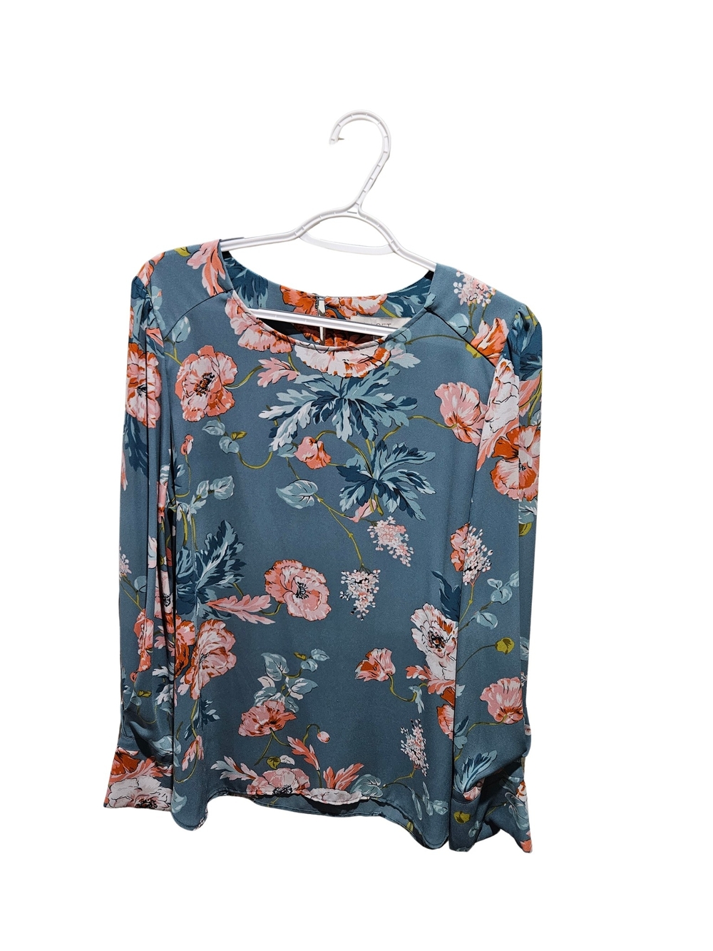 LOFT Teal Floral Long-Sleeve Blouse with Pink and Coral Flowers